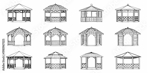 Collection of detailed black and white gazebo line art illustrations