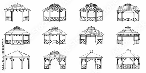 Collection of black and white gazebo drawings in various architectural styles