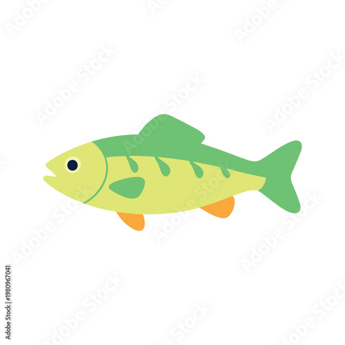 Stylized fish illustration with yellow body, green fins, and orange pectoral fins