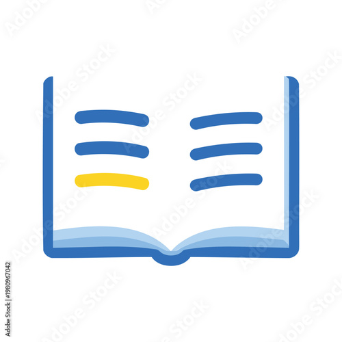 Open book with yellow highlighted sentence displayed on two pages in blue frame