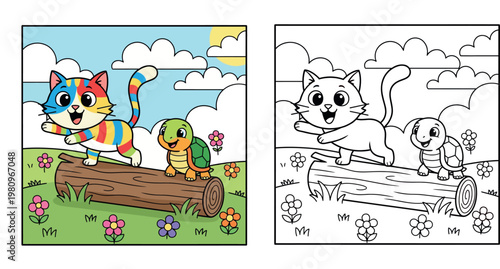 Playful Rainbow Cat and Happy Turtle on a Log in a Sunny Flower Field