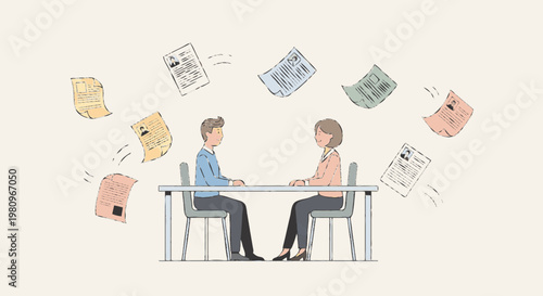 Young man at desk receives job rejection letters