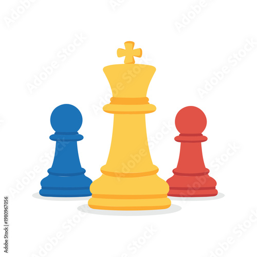 Three chess pieces are grouped together on a solid white background in vibrant colors