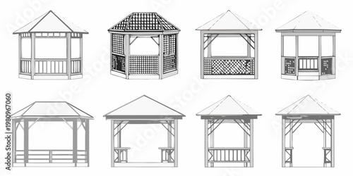 Architectural sketches of various gazebo and pavilion designs in grayscale