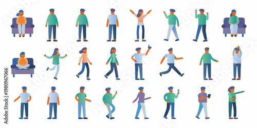 Diverse group of illustrated people in various poses and casual clothing