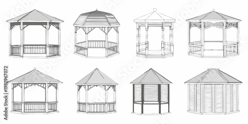 Architectural sketches of various gazebo designs in linear style