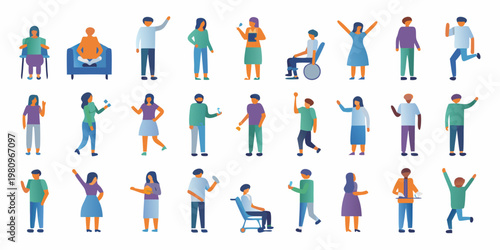 Diverse group of people in various poses and colorful flat design