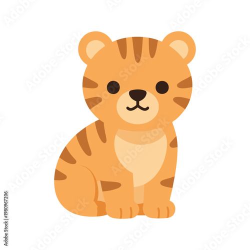 Cute tiger cub sitting upright with stripes, fluffy ears, and a sweet expression