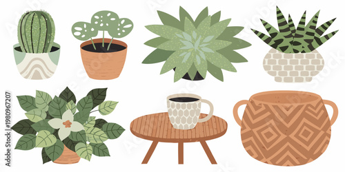 A collection of potted plants a coffee cup and a decorative vase