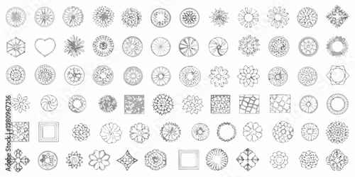 Collection of ornate circular designs and floral patterns in black and white
