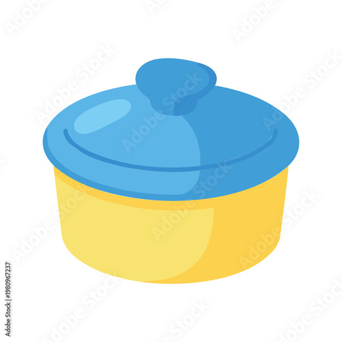 Yellow casserole dish with a blue lid evokes the promise of home-cooked meals