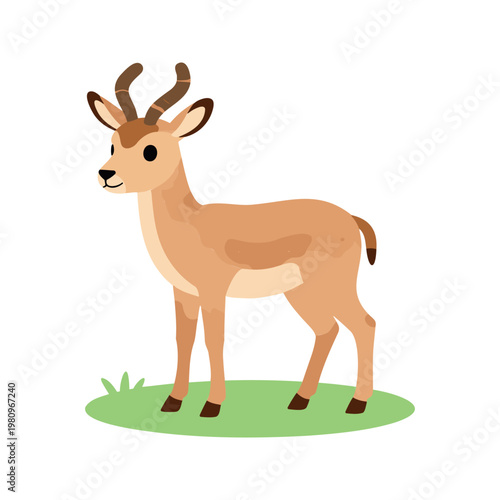 Cartoon antelope standing in a grassy field on a bright white background