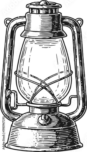 Vintage kerosene lantern illustration old fashioned oil lamp with glass chimney and metal frame design