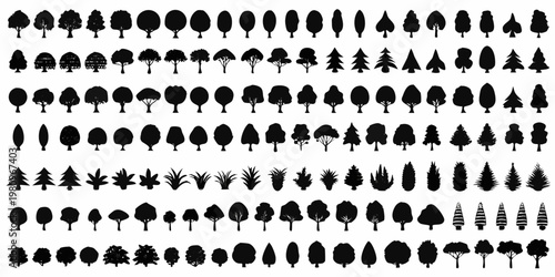 Collection of diverse black silhouettes depicting various tree and plant types