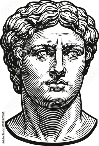 Classical bust of a roman male figure with detailed curly hair and strong facial features