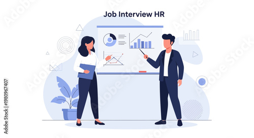 Business meeting: HR manager and candidate discussing charts on whiteboard