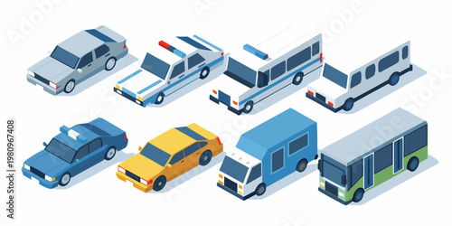Isometric illustration depicting a variety of public and private transport vehicles