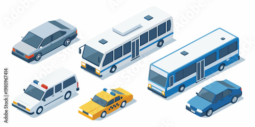 Isometric illustration depicting various public and private transportation vehicles