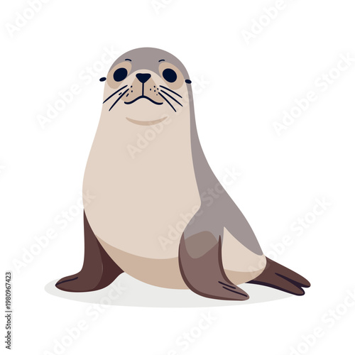 Adorable sea lion pup gazes upwards with endearing expression in a cartoon style