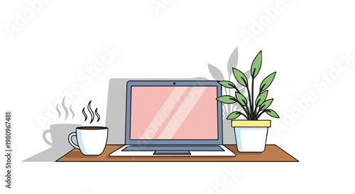 Minimalist desk setup illustration with laptop, steaming coffee cup, and potted plant on white background