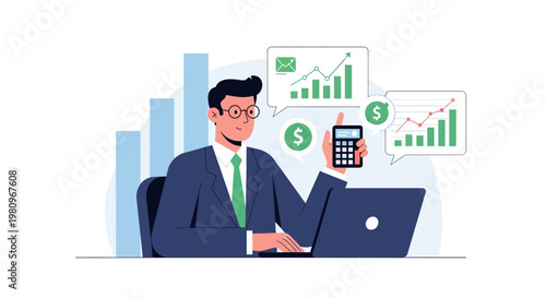Businessman analyzing financial growth charts and using calculator with laptop