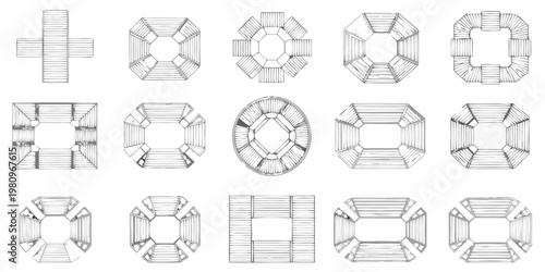 Geometric patterns of linear structures resembling abstract architectural layouts