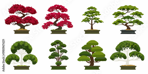 Collection of stylized bonsai trees in varying shapes and colors