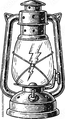 Vintage lantern sketch with electric bolt symbol, retro lamp illustration