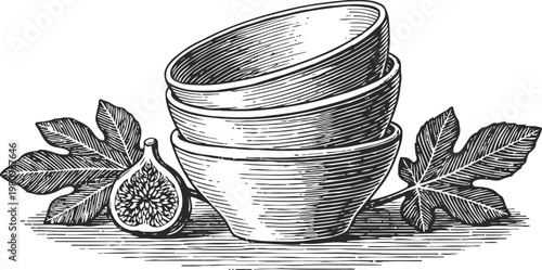Stacked ceramic bowls with fig fruit and leaves in vintage engraving illustration