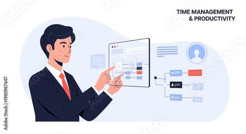 Businessman interacting with digital interface for time management and productivity planning.