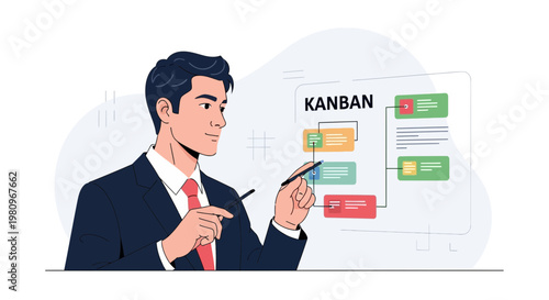 Businessman Explaining Kanban Board Strategy for Project Management and Workflow Optimization