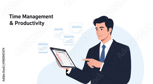 Businessman managing time and productivity with tablet and calendar icons