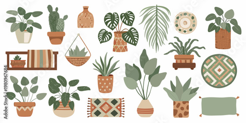 A collection of illustrated potted plants vases and decorative textiles