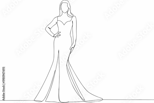 Elegant woman in a long evening gown depicted with a single line