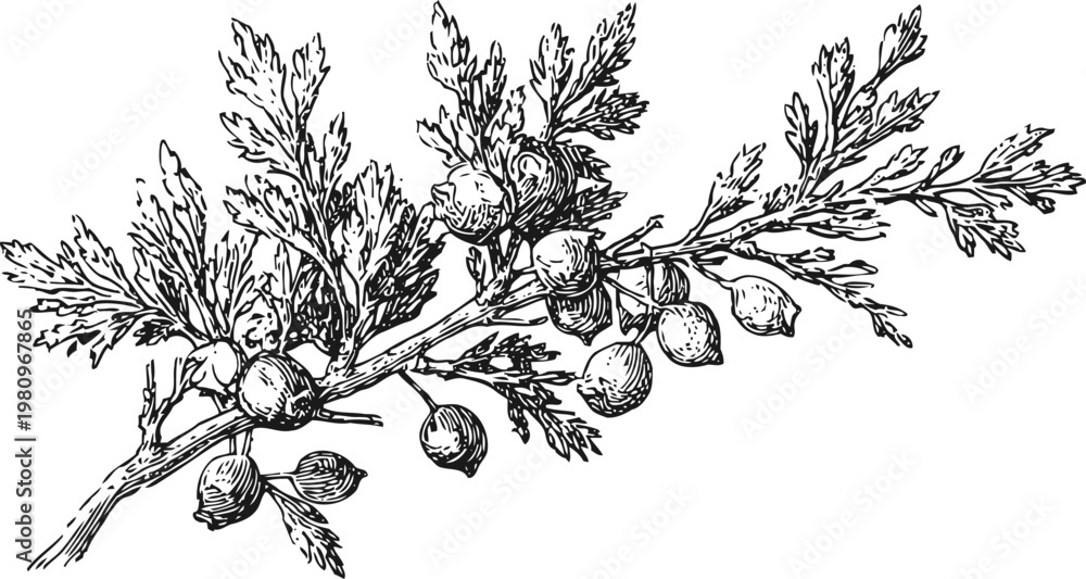 Fototapeta premium Illustration of branches with juniper berries and detailed needle leaves in vintage