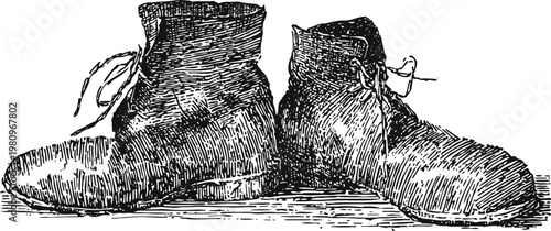 worn vintage leather boots with laces, detailed black and white hand drawn illustration