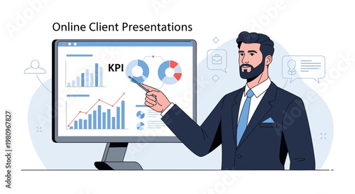 Businessman presenting online client KPI data analysis on computer screen