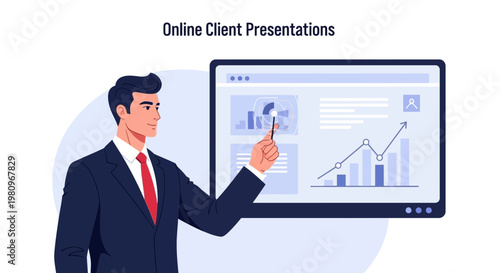 Businessman presenting online client presentation with charts on screen