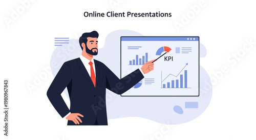 Businessman presenting online client presentation with KPI charts on screen