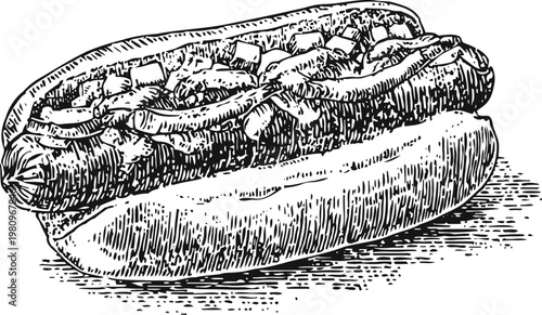 Hand drawn hot dog with sausage and chopped onions inside bun, vintage black and white sketch