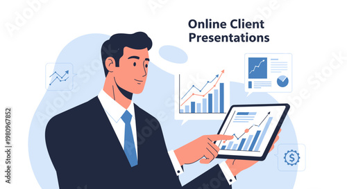 Businessman presenting online client presentations with charts on tablet and screens