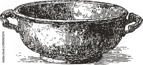 Vintage hand drawn metal bowl with handles, engraved kitchenware illustration, rustic cookware design