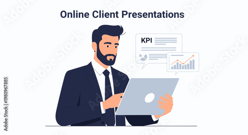Businessman presenting online KPIs and business growth on laptop