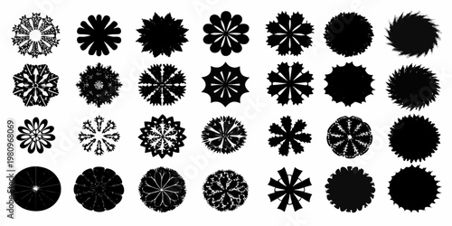 Collection of abstract black floral and radial designs on white background
