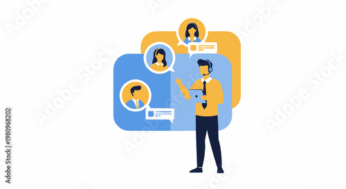 Customer service agent with headset and laptop, communicating with clients via chat bubbles