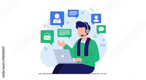 Customer service agent with headset and laptop, communication icons, online support concept