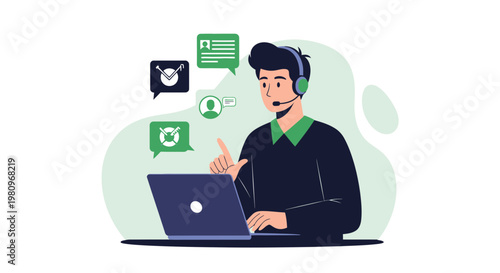 Customer service agent with headset and laptop, communication icons, flat design