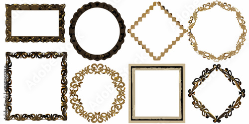 Collection of ornate golden frames in various shapes on a white background