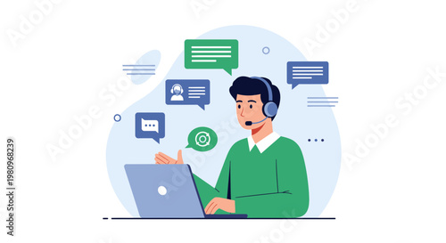 Customer service representative with headset and laptop, communication icons