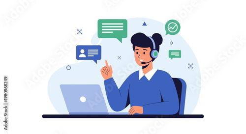 Customer support agent with headset and laptop, communication and feedback icons